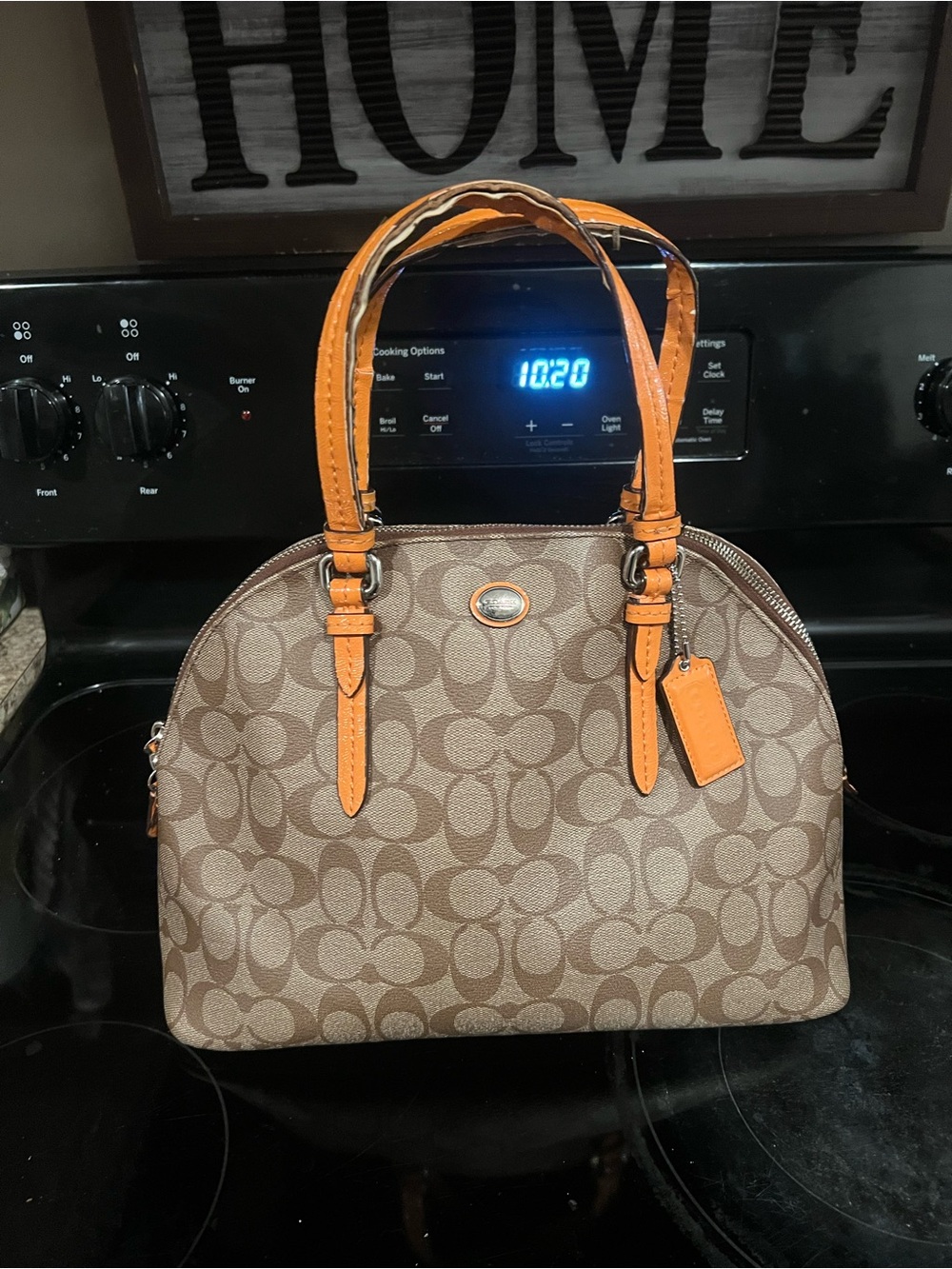 Coach Brown Signature Dome Satchel with Orange Trim